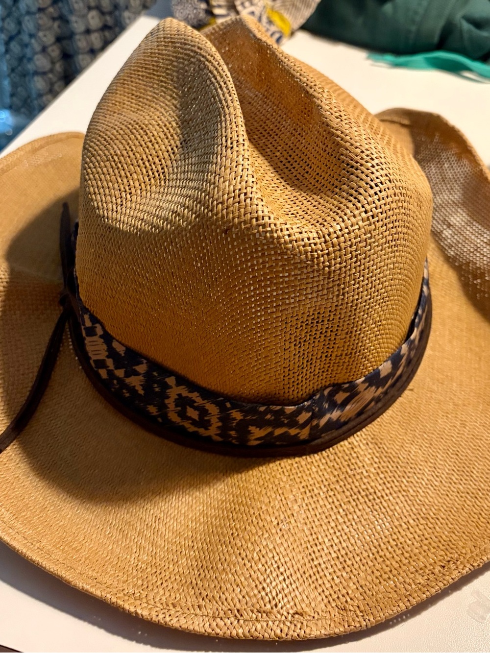 Frye Tan Straw Fedora with Patterned Band